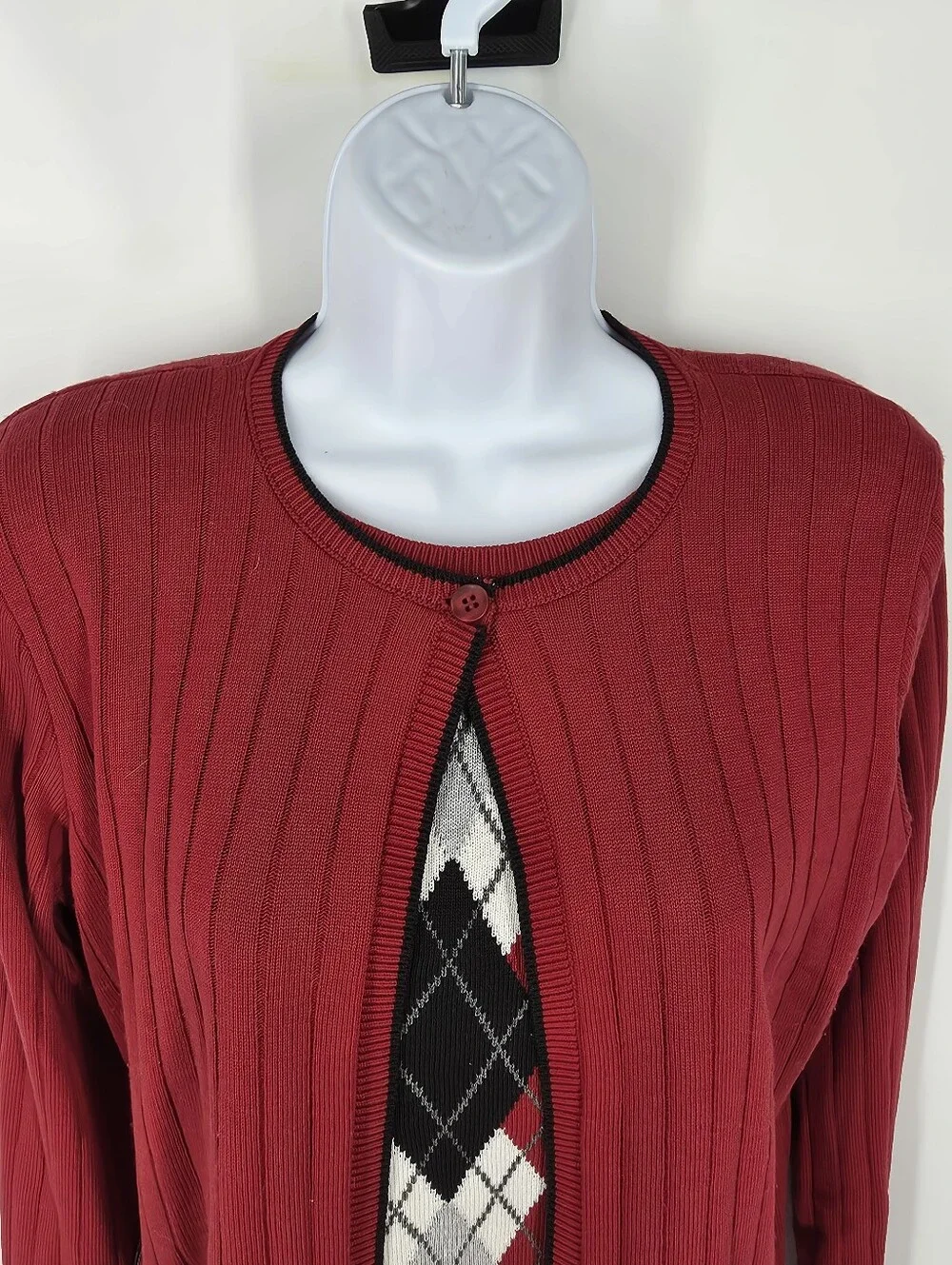 Vintage Alfred Dunner Red Argyle Knit 2-Piece Cardigan Shell Sweater Set Small